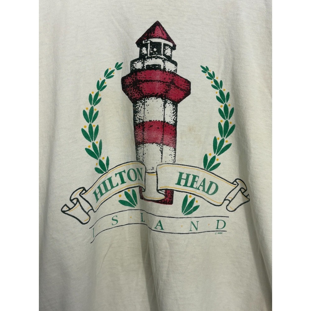 Hilton Head Island T Shirt Men's Ivory Light House Large Vintage 90s Cal Cru
